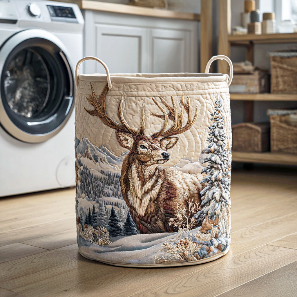 Frostbound Stag Quilted Laundry Basket - Fabric Laundry Hamper - Housewarming Gift for Mom