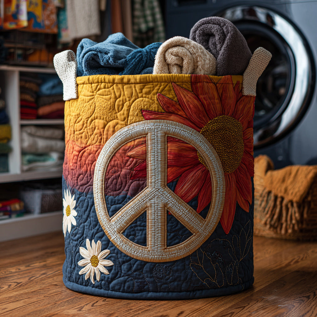 Peace Hippie Quilted Laundry Basket - Fabric Laundry Hamper - Housewarming Gift for Mom