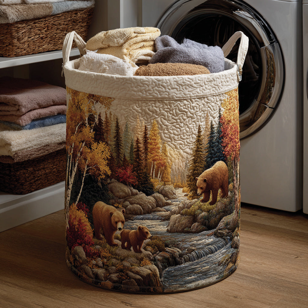 Autumn Bear River Quilted Laundry Basket - Fabric Laundry Hamper - Housewarming Gift for Mom
