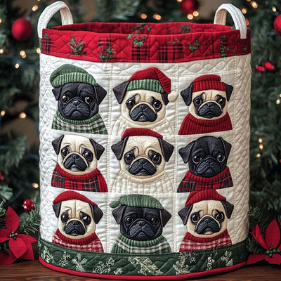 Pugmas Patchwork Joy Quilted Laundry Basket - Fabric Laundry Hamper - Housewarming Gift for Mom