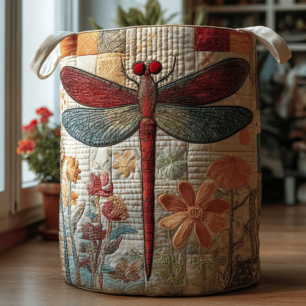 Dragonfly Bloom Quilted Laundry Basket - Fabric Laundry Hamper - Housewarming Gift for Mom
