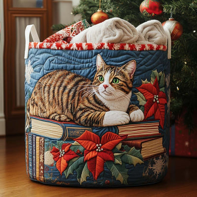 The Cat Who Read on Christmas Eve Quilted Laundry Basket - Fabric Laundry Hamper - Housewarming Gift for Mom