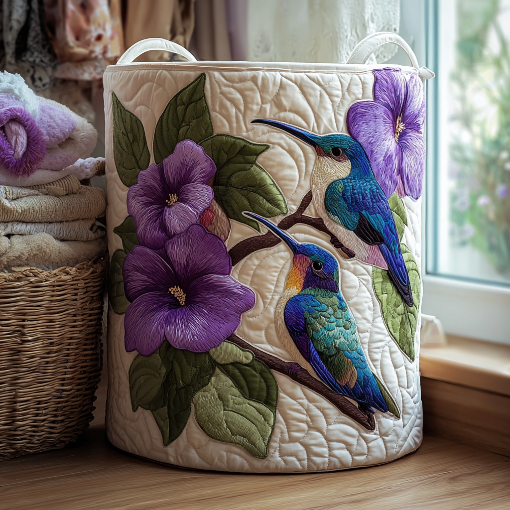 Hummingbird Glow Quilted Laundry Basket - Fabric Laundry Hamper - Housewarming Gift for Mom
