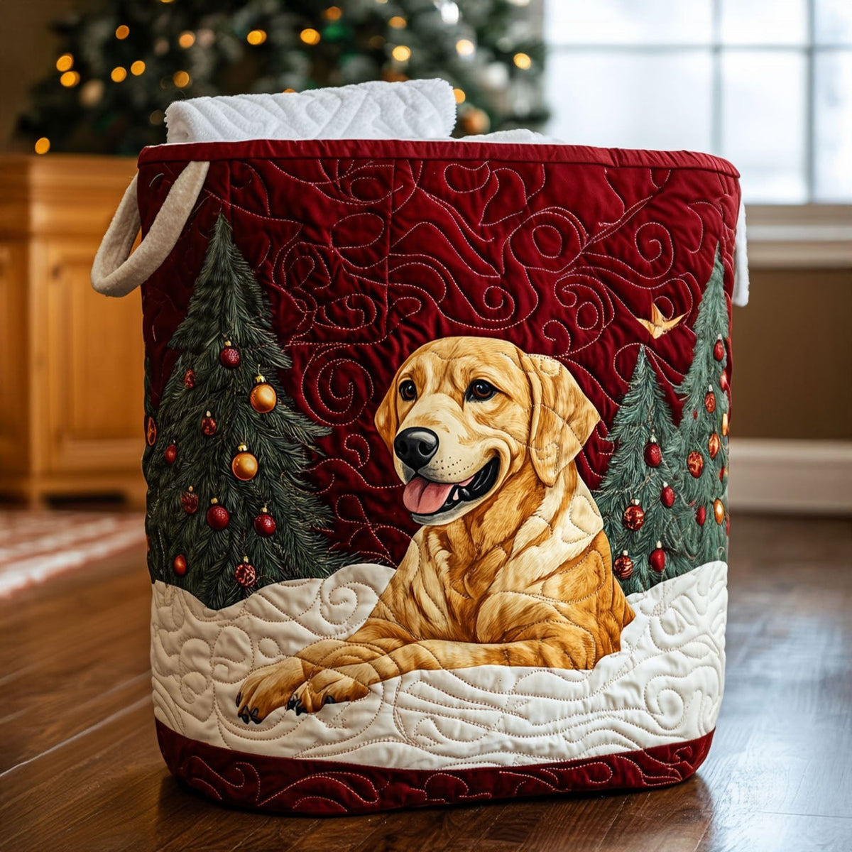 Golden Christmas Glow Quilted Laundry Basket - Fabric Laundry Hamper - Housewarming Gift for Mom