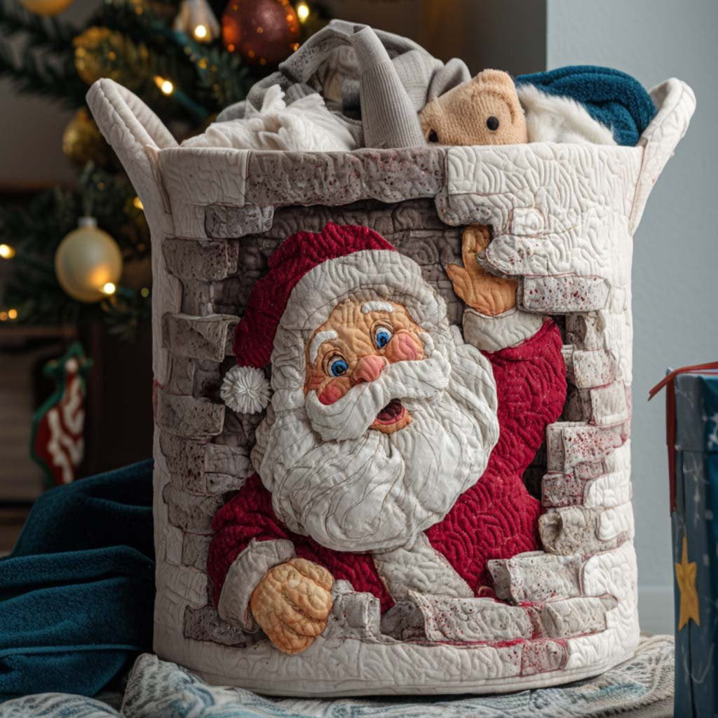 Santa Peek Quilted Laundry Basket - Fabric Laundry Hamper - Housewarming Gift for Mom