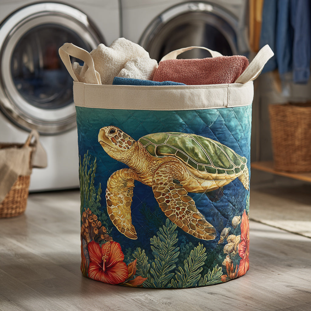 Ocean Turtle Deep Quilted Laundry Basket - Fabric Laundry Hamper - Housewarming Gift for Mom