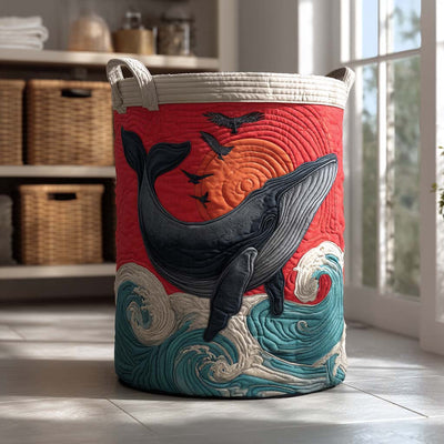 Rising Whale Quilted Laundry Basket - Fabric Laundry Hamper - Housewarming Gift for Mom