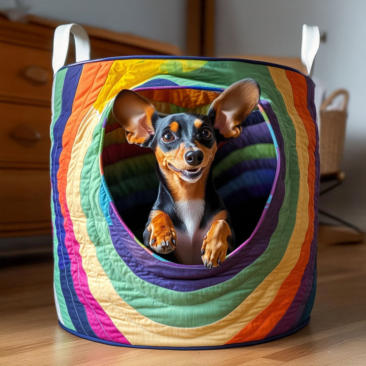 Rainbow Pup Joy Quilted Laundry Basket - Fabric Laundry Hamper - Housewarming Gift for Mom