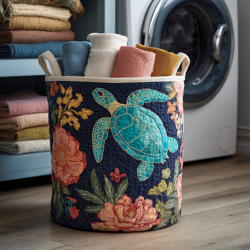 Wanderlust Turtle Garden Quilted Laundry Basket - Fabric Laundry Hamper - Housewarming Gift for Mom