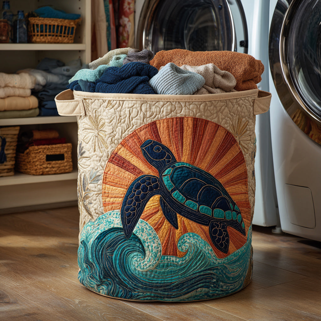 Golden Turtle Sunset Quilted Laundry Basket - Fabric Laundry Hamper - Housewarming Gift for Mom
