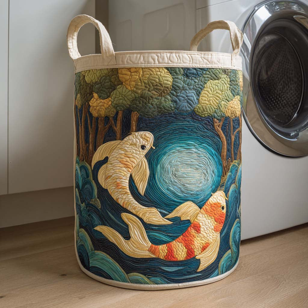 Forest Moonlight Koi Quilted Laundry Basket - Fabric Laundry Hamper - Housewarming Gift for Mom
