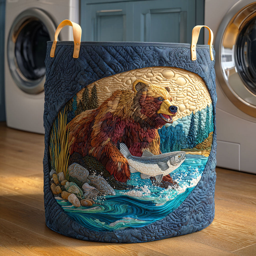 River Bear Quilted Laundry Basket - Fabric Laundry Hamper - Housewarming Gift for Mom