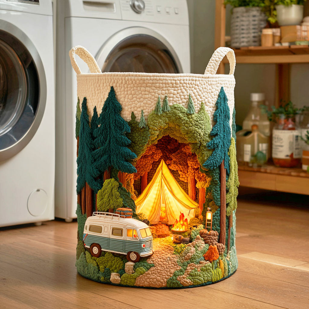 Forest Camper Quilted Laundry Basket - Fabric Laundry Hamper - Housewarming Gift for Mom