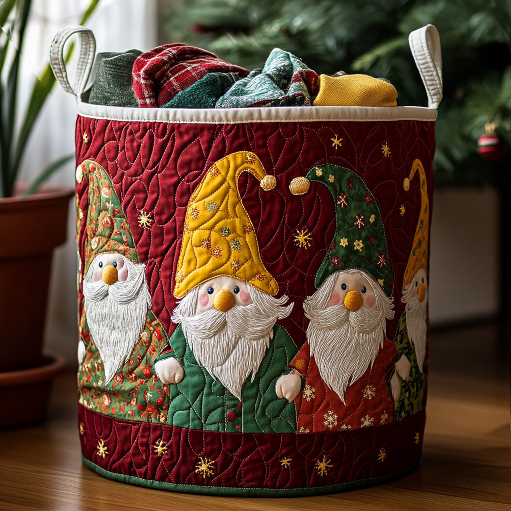 Merry Gnome Quilted Laundry Basket - Fabric Laundry Hamper - Housewarming Gift for Mom