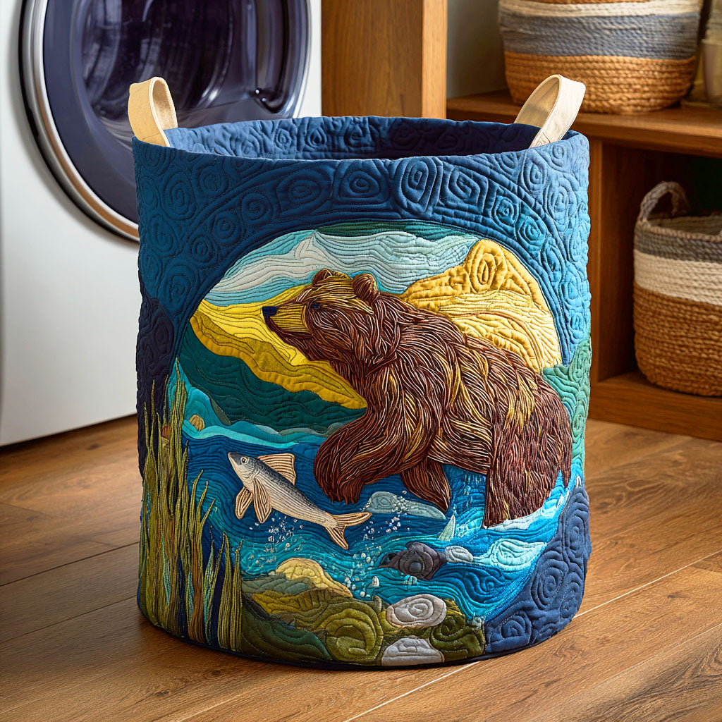 Salmon Bear Quilted Laundry Basket - Fabric Laundry Hamper - Housewarming Gift for Mom