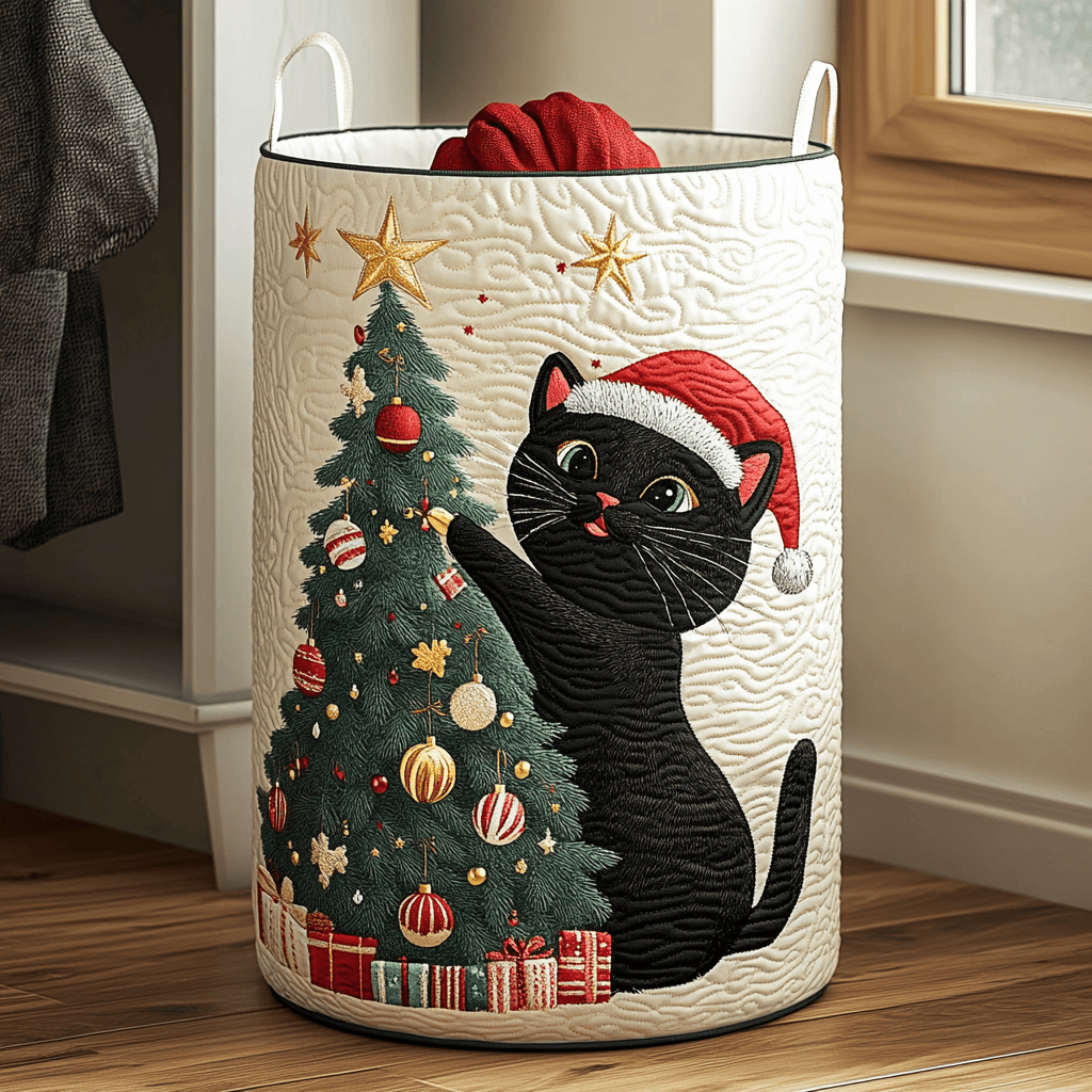 Black Cat Charm Quilted Laundry Basket - Fabric Laundry Hamper - Housewarming Gift for Mom