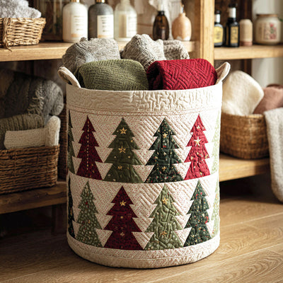 Evergreen Stripes Quilted Laundry Basket - Fabric Laundry Hamper - Housewarming Gift for Mom