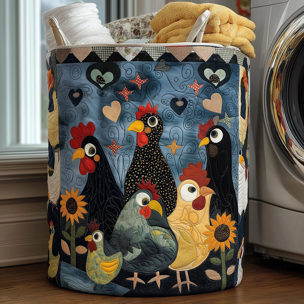 Cozy Hens Quilted Laundry Basket - Fabric Laundry Hamper - Housewarming Gift for Mom