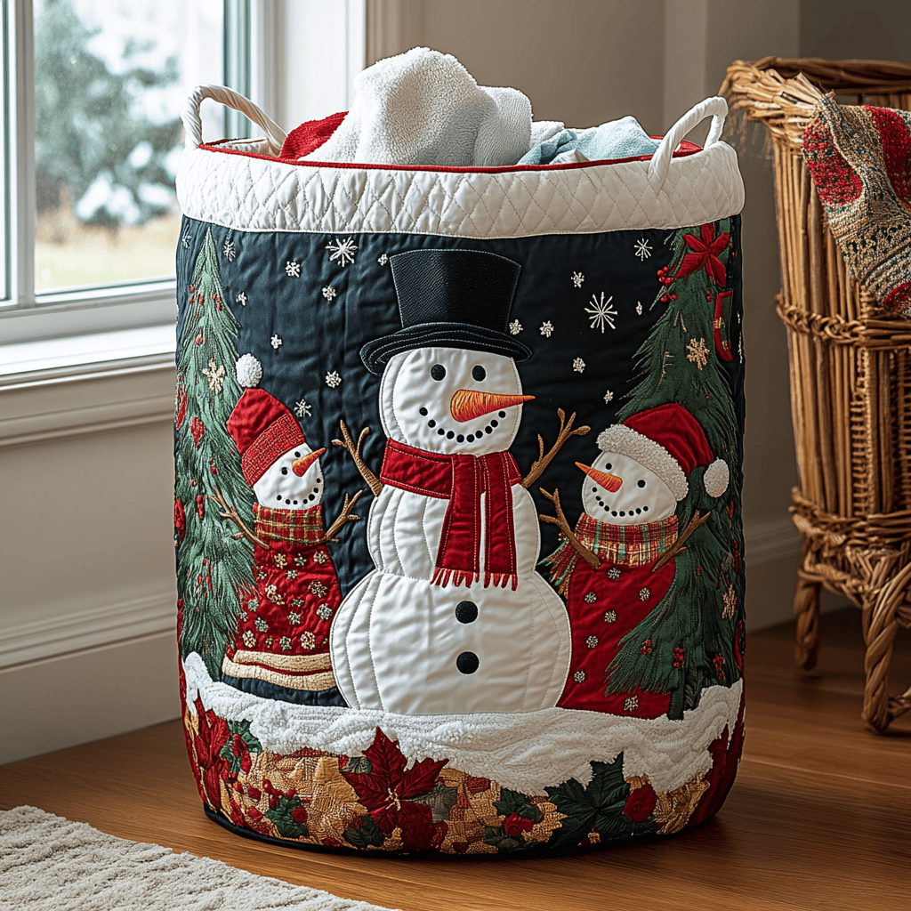 Snowman Magic Quilted Laundry Basket - Fabric Laundry Hamper - Housewarming Gift for Mom