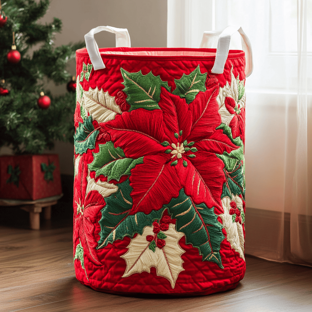 Poinsettia Magic Quilted Laundry Basket - Fabric Laundry Hamper - Housewarming Gift for Mom