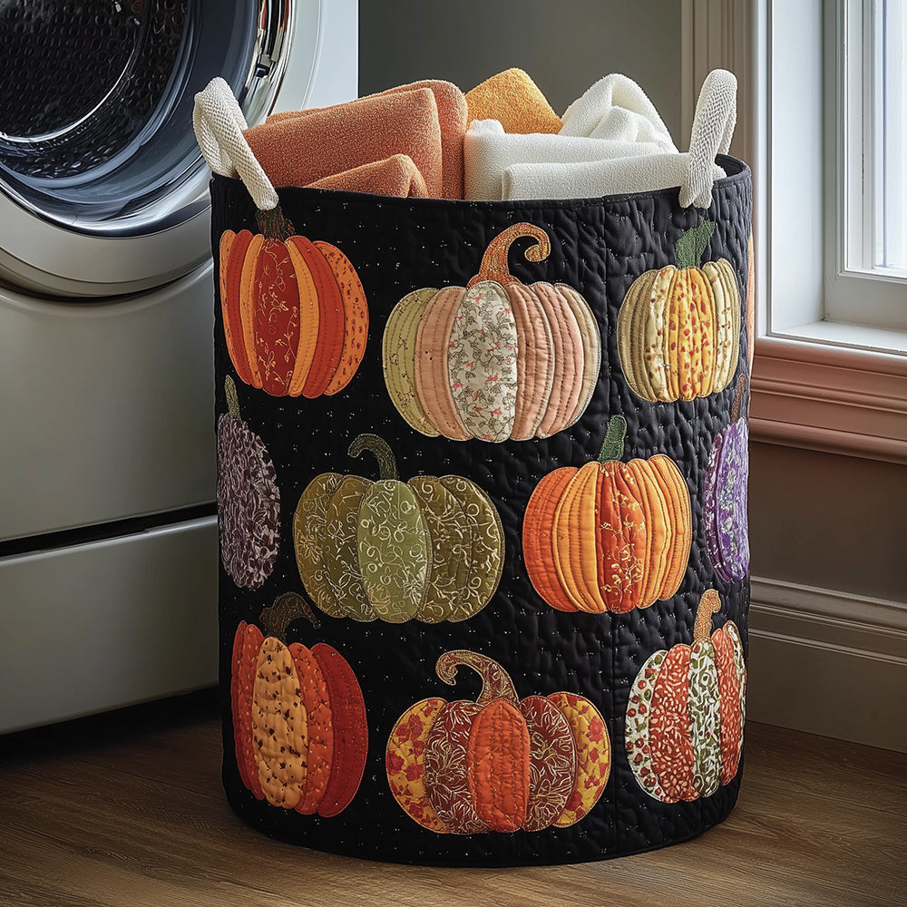 Pumpkin Joy Quilted Laundry Basket - Fabric Laundry Hamper - Housewarming Gift for Mom