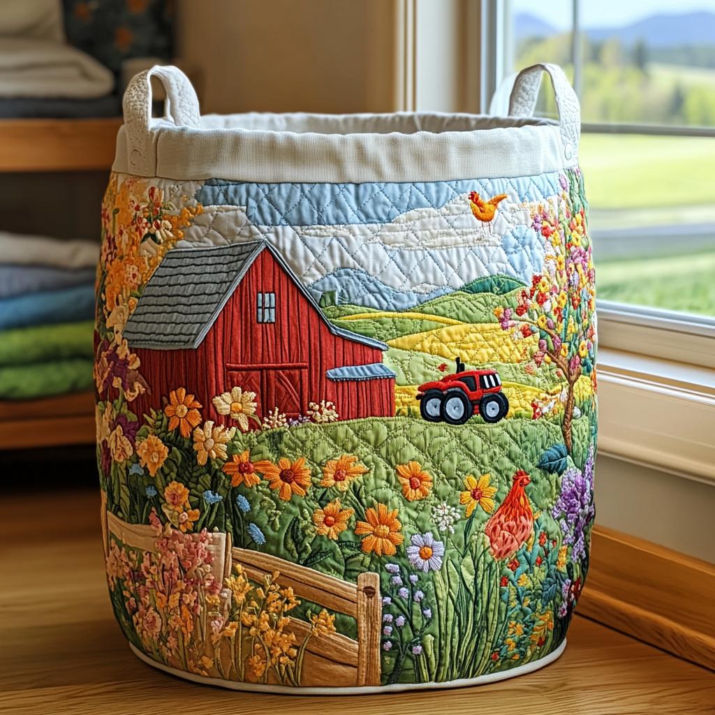 Sunny Field Quilted Laundry Basket - Fabric Laundry Hamper - Housewarming Gift for Mom