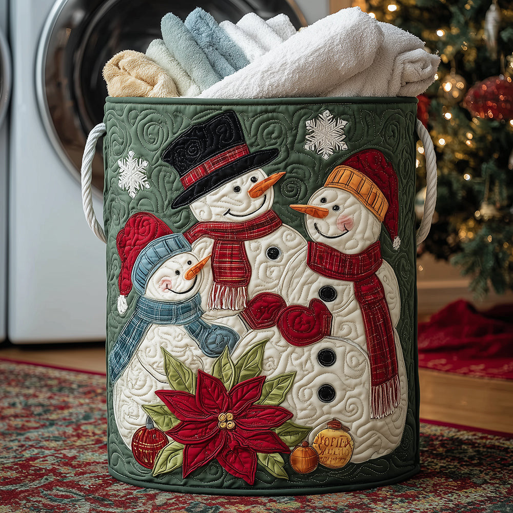Snowman Family Time Quilted Laundry Basket - Fabric Laundry Hamper - Housewarming Gift for Mom