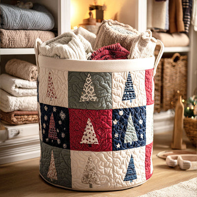 Patchwork Forest Squares Quilted Laundry Basket - Fabric Laundry Hamper - Housewarming Gift for Mom