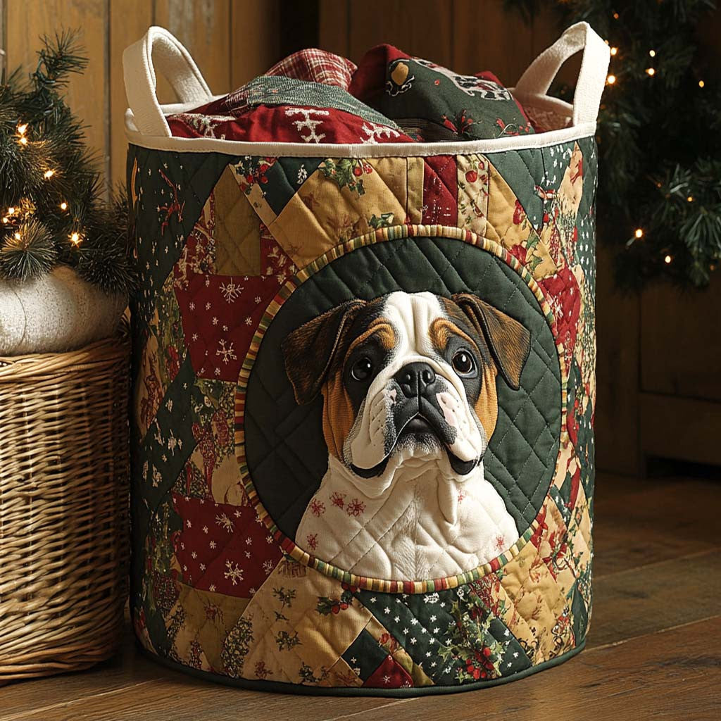 Holiday Bulldog Quilted Laundry Basket - Fabric Laundry Hamper - Housewarming Gift for Mom