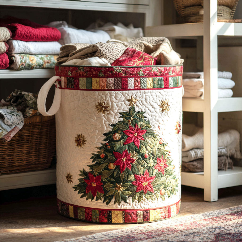 Poinsettia Charm Quilted Laundry Basket - Fabric Laundry Hamper - Housewarming Gift for Mom