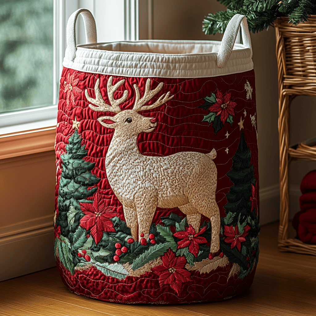 Reindeer Forest Quilted Laundry Basket - Fabric Laundry Hamper - Housewarming Gift for Mom