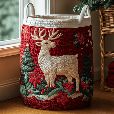 Reindeer Forest Quilted Laundry Basket - Fabric Laundry Hamper - Housewarming Gift for Mom