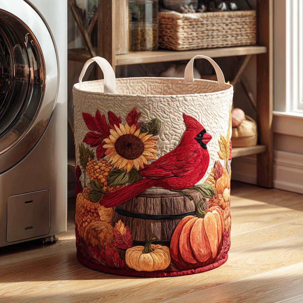 Autumn Cardinal Quilted Laundry Basket - Fabric Laundry Hamper - Housewarming Gift for Mom
