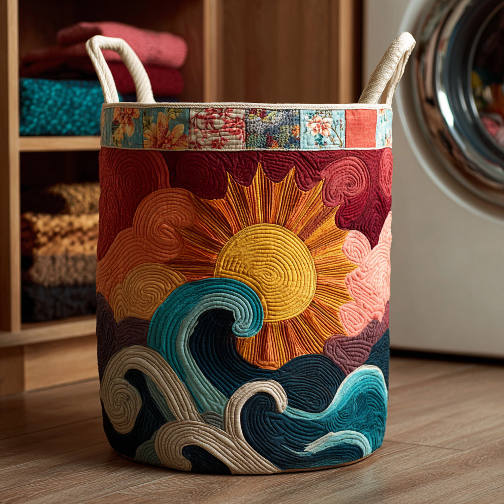 Wavy Sun Quilted Laundry Basket - Fabric Laundry Hamper - Housewarming Gift for Mom