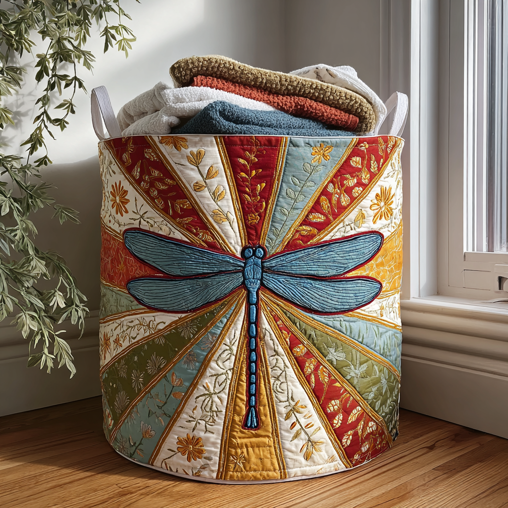 Dragonfly Shine Quilted Laundry Basket - Fabric Laundry Hamper - Housewarming Gift for Mom