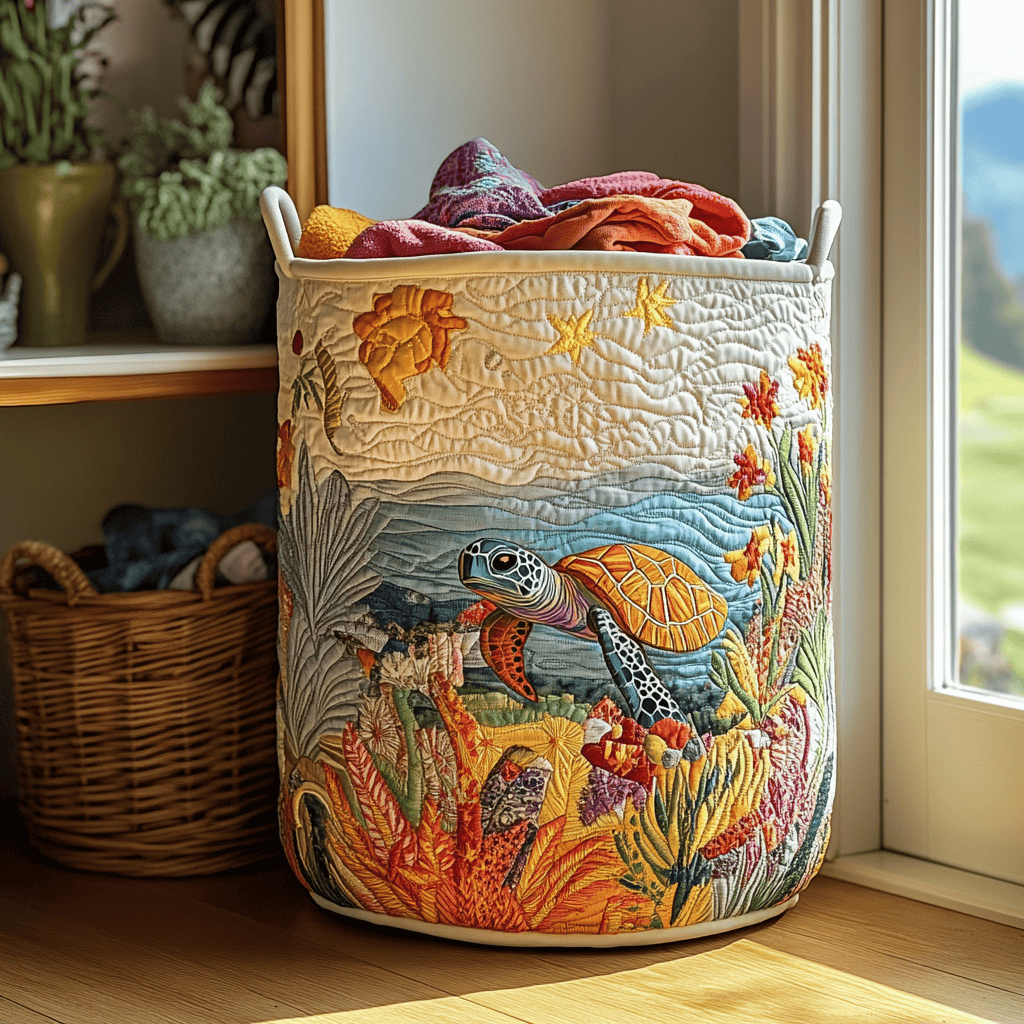 Turtle Path Quilted Laundry Basket - Fabric Laundry Hamper - Housewarming Gift for Mom