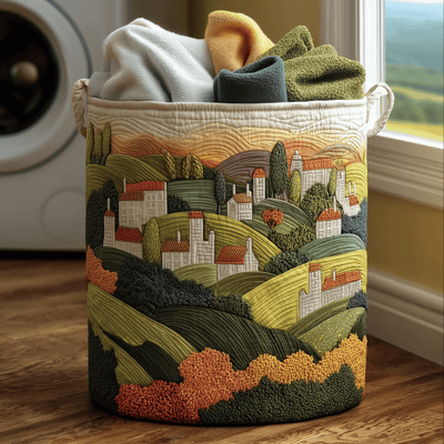 Village View Quilted Laundry Basket - Fabric Laundry Hamper - Housewarming Gift for Mom