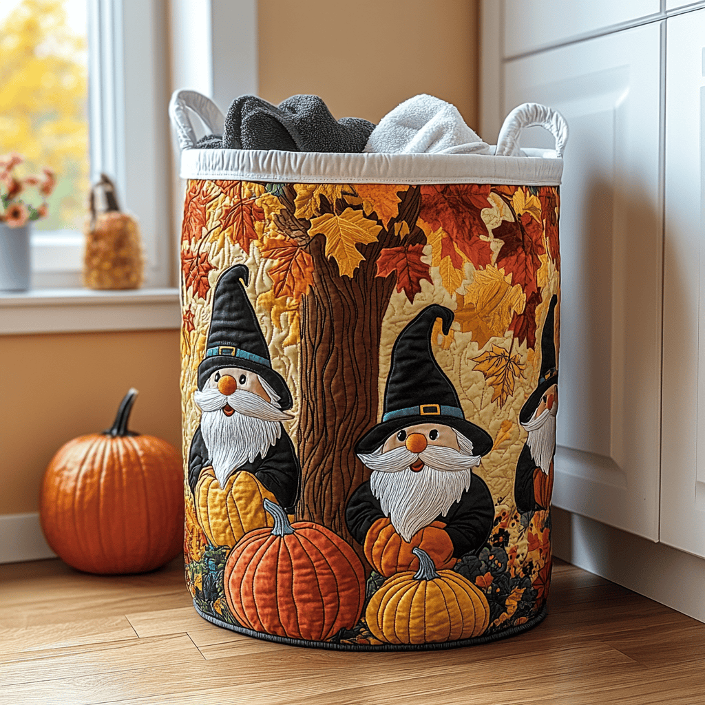 Cozy Gnome Quilted Laundry Basket - Fabric Laundry Hamper - Housewarming Gift for Mom