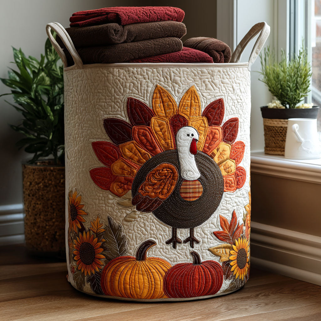 Turkey Time Charm Quilted Laundry Basket - Fabric Laundry Hamper - Housewarming Gift for Mom