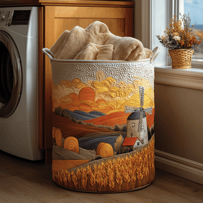 Sunset Fields Quilted Laundry Basket - Fabric Laundry Hamper - Housewarming Gift for Mom