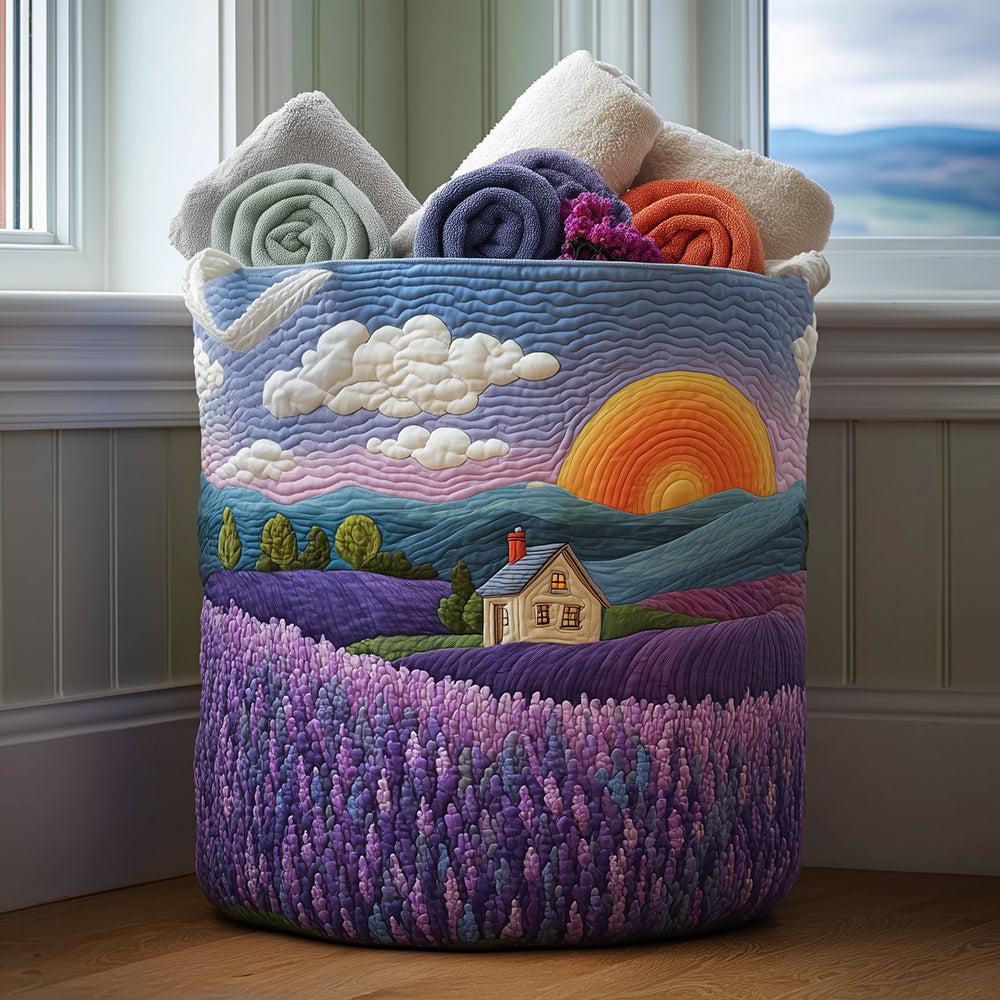 Lavender Field Quilted Laundry Basket - Fabric Laundry Hamper - Housewarming Gift for Mom