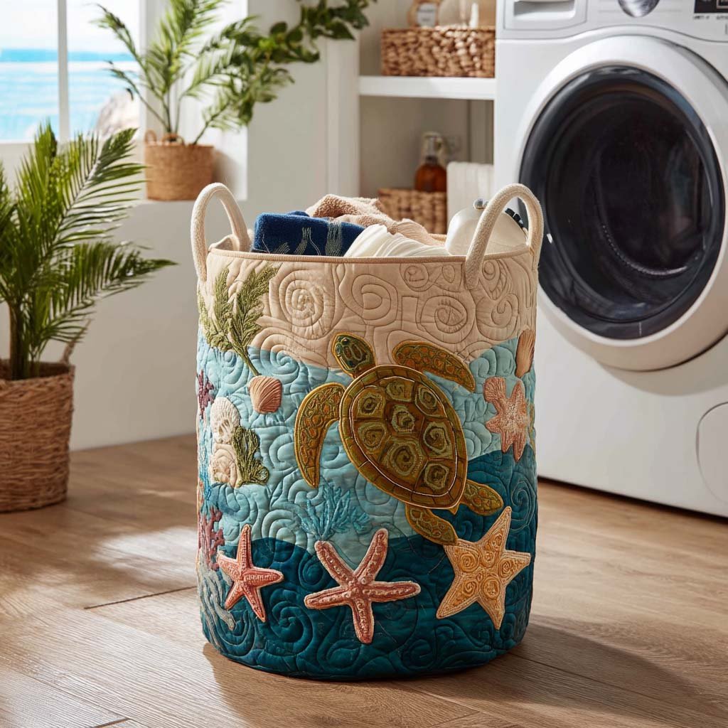 Waves & Turtles Quilted Laundry Basket - Fabric Laundry Hamper - Housewarming Gift for Mom