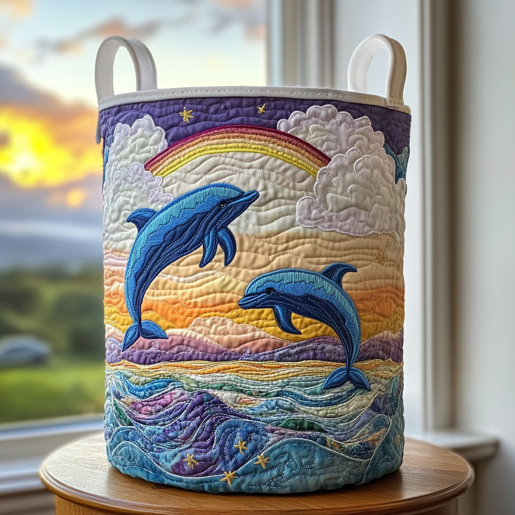 Dolphin Crest Quilted Laundry Basket - Fabric Laundry Hamper - Housewarming Gift for Mom