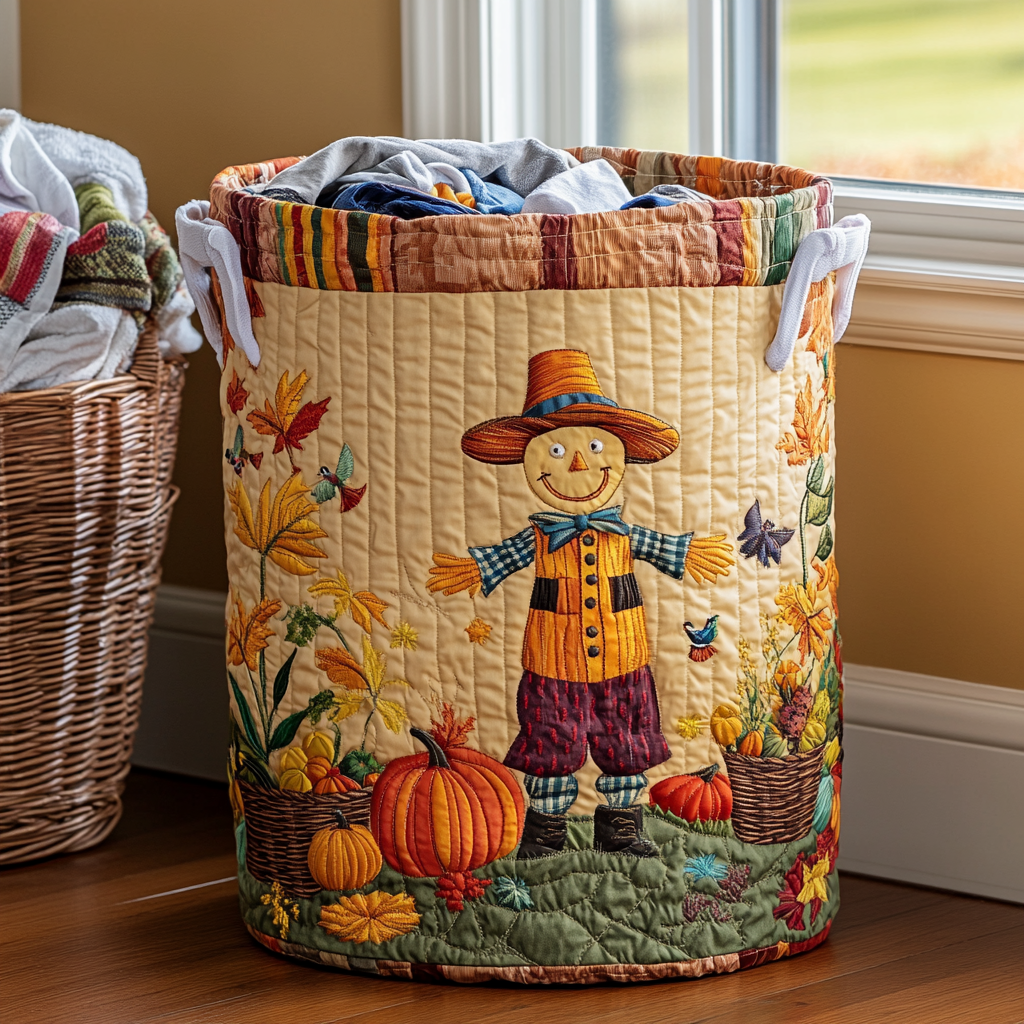 Autumn Scarecrow Quilted Laundry Basket - Fabric Laundry Hamper - Housewarming Gift for Mom