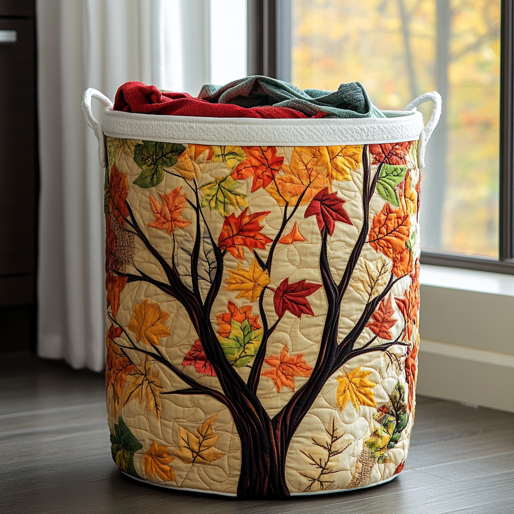 Autumn Leaves Quilted Laundry Basket - Fabric Laundry Hamper - Housewarming Gift for Mom