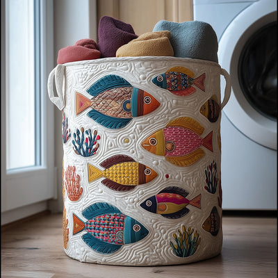 Playful Fish Quilted Laundry Basket - Fabric Laundry Hamper - Housewarming Gift for Mom