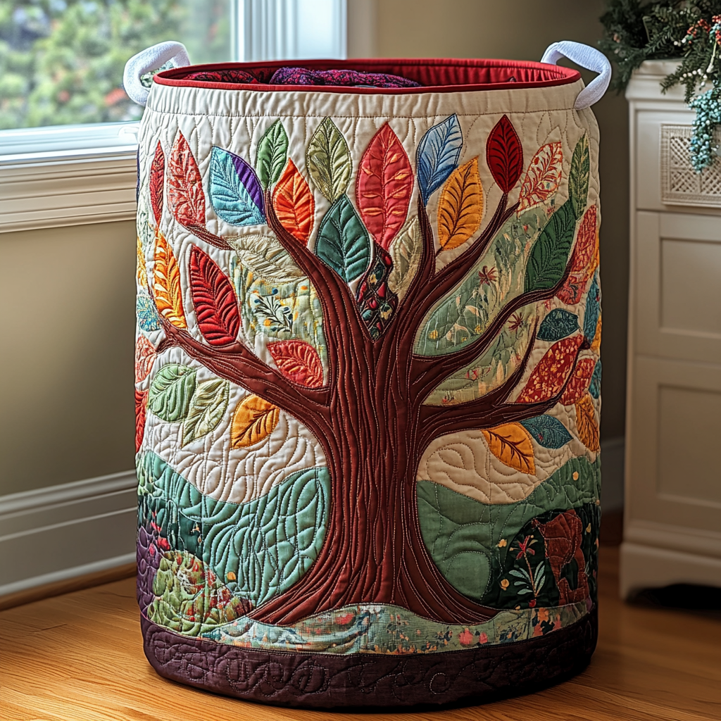 Leaf Circle Quilted Laundry Basket - Fabric Laundry Hamper - Housewarming Gift for Mom