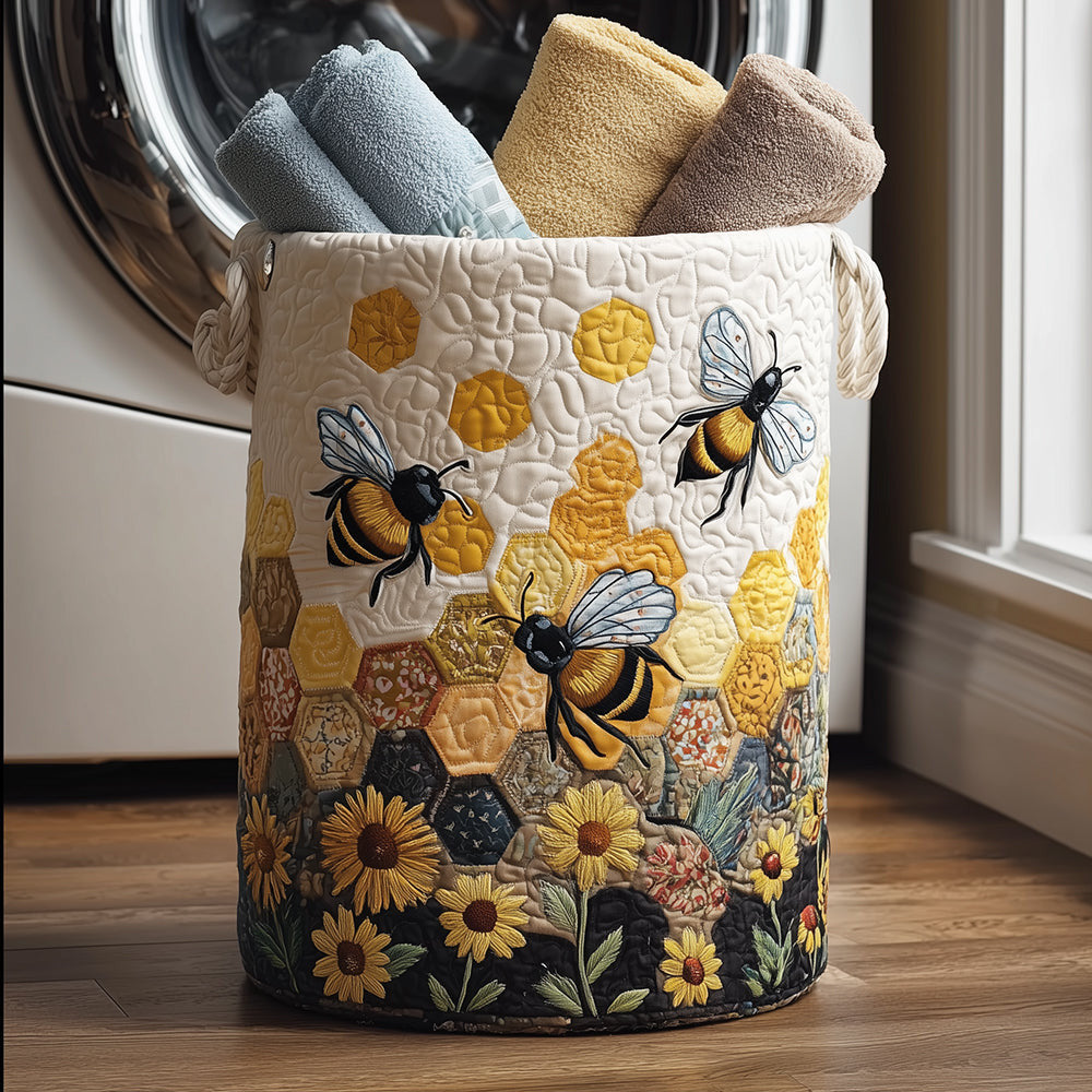 Sunny Bee Quilted Laundry Basket - Fabric Laundry Hamper - Housewarming Gift for Mom