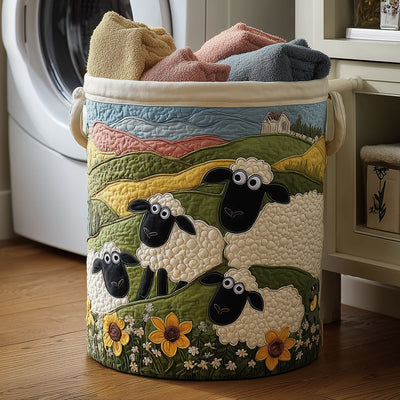 Grazing Sheep Quilted Laundry Basket - Fabric Laundry Hamper - Housewarming Gift for Mom