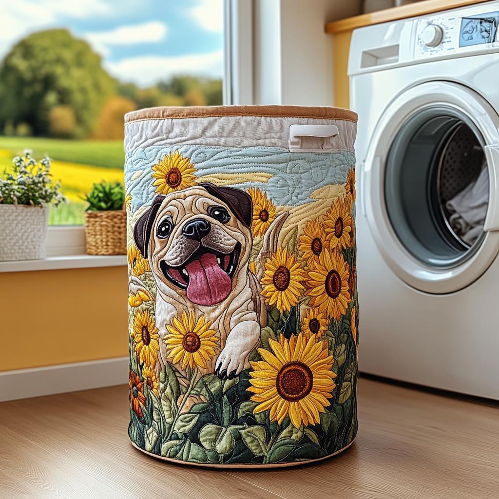 Sunny Pug Quilted Laundry Basket - Fabric Laundry Hamper - Housewarming Gift for Mom